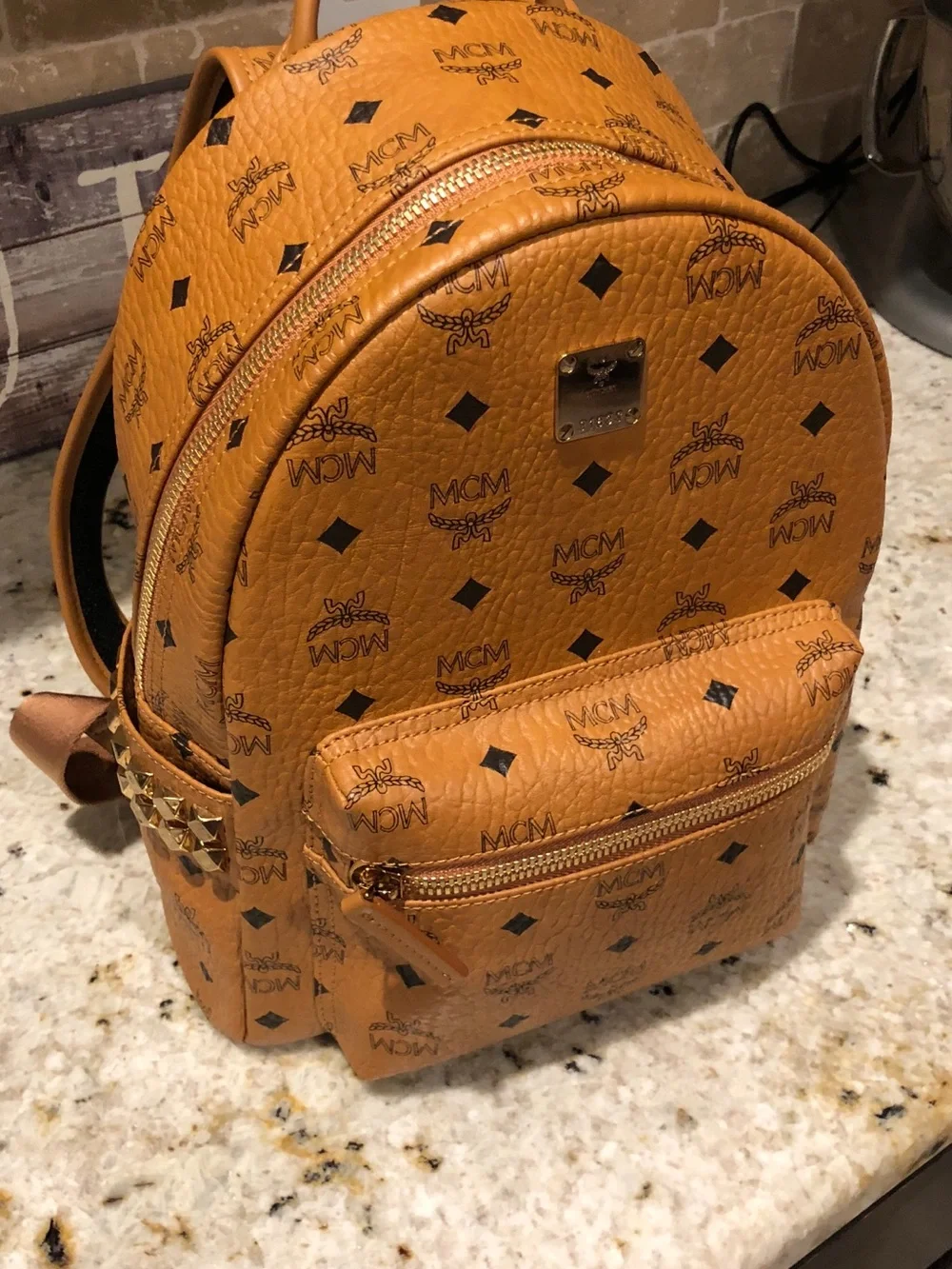 MCM Cognac Visetos Mini Backpack with Logo Print